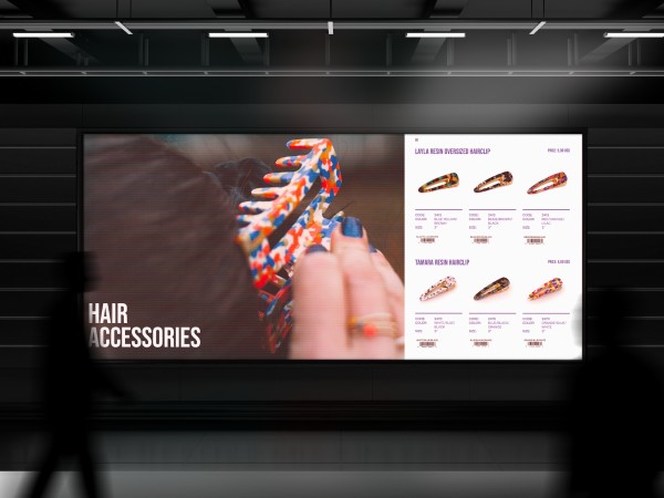 Hair accessories catalogue on an in-station screen