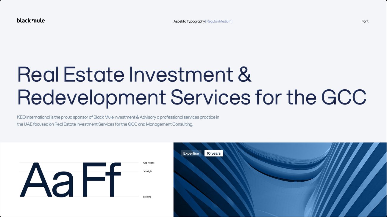 Black Mule KEO Blue, typography