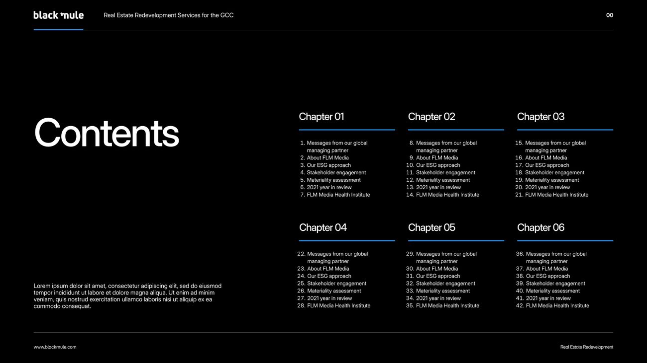 Black Mule presentation template, contents