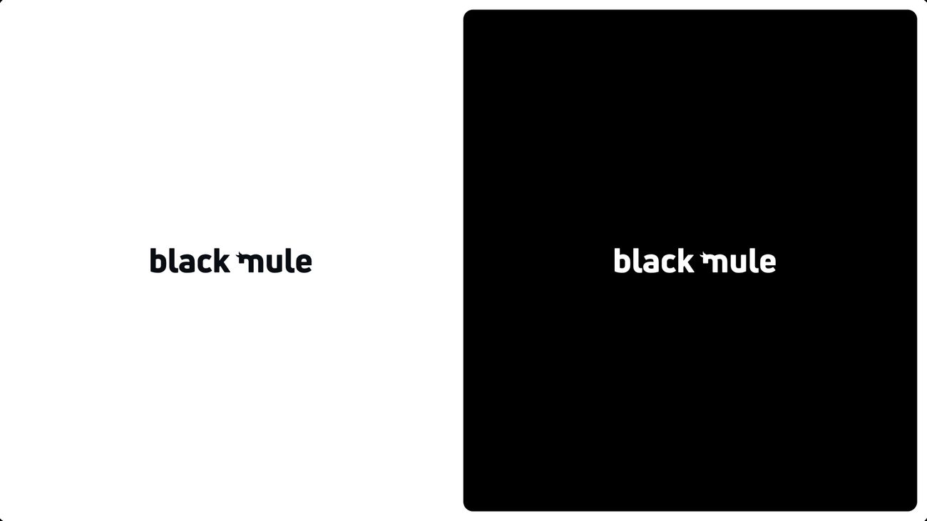 Black Mule the wordmark, on light and on black, annotated