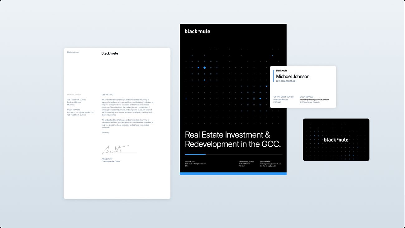 Black Mule folder, letterhead and cards, annotated
