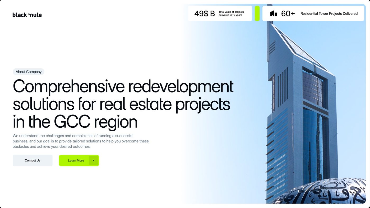 Black Mule website homepage with portfolio metrics