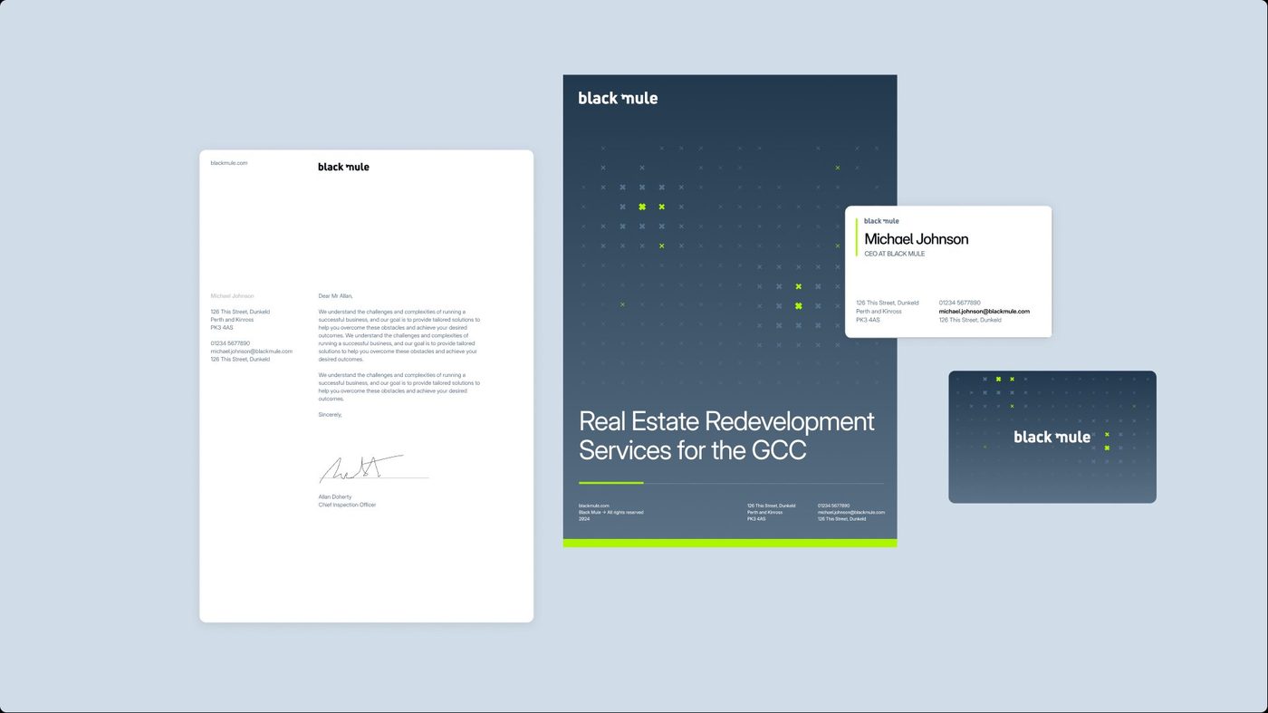 Black Mule corporate stationery, navy variant