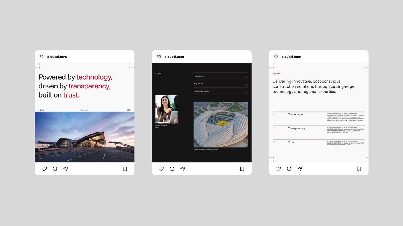 C-Quest brand pillars social posts: powered by technology, driven by transparency, built on trust