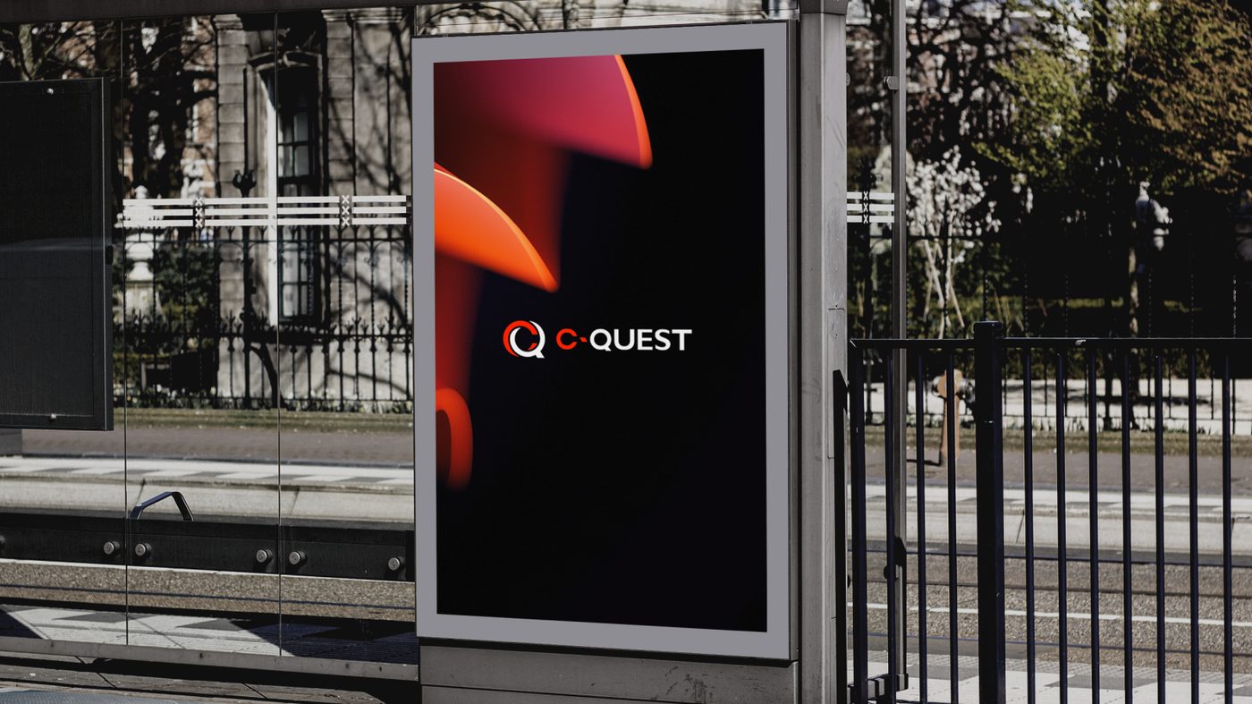 C-Quest bus shelter brand identity moment with abstract orb motif and C-QUEST logo lockup