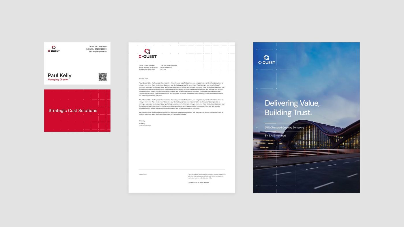 C-Quest stationery system: business card, letterhead, delivering value building trust flyer