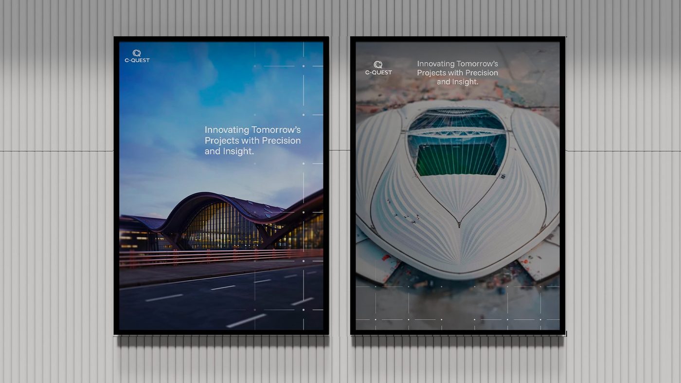 C-Quest wall-mounted poster pair showing airport and stadium architecture