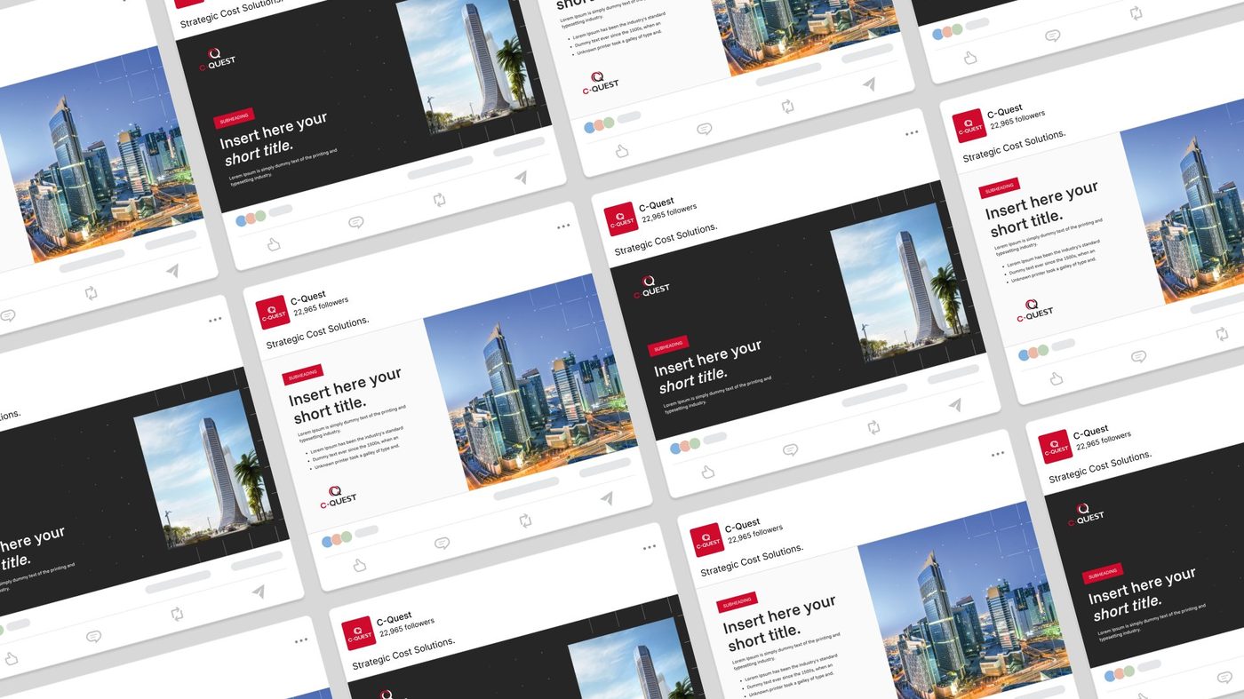 C-Quest LinkedIn feed isometric view with multiple strategic cost solutions posts