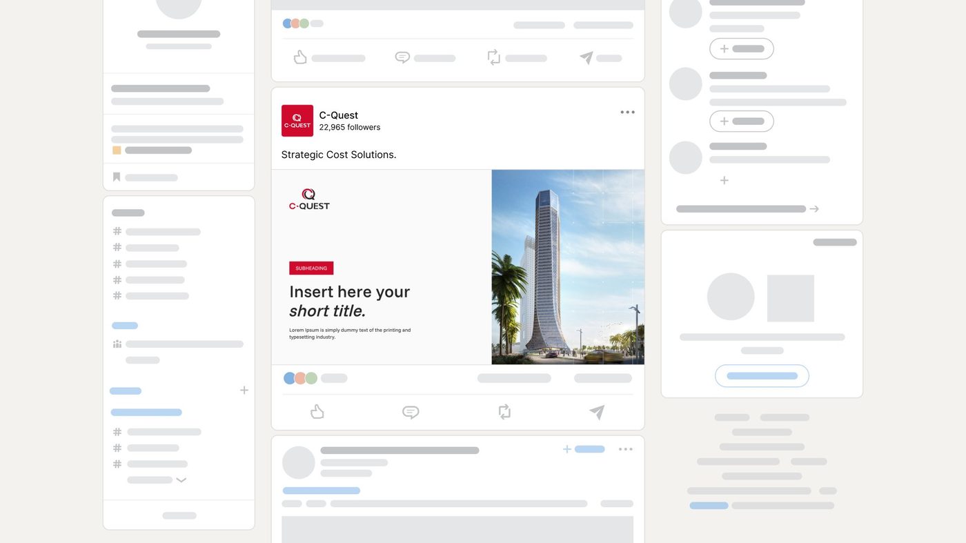 C-Quest LinkedIn single post featuring skyscraper tower render