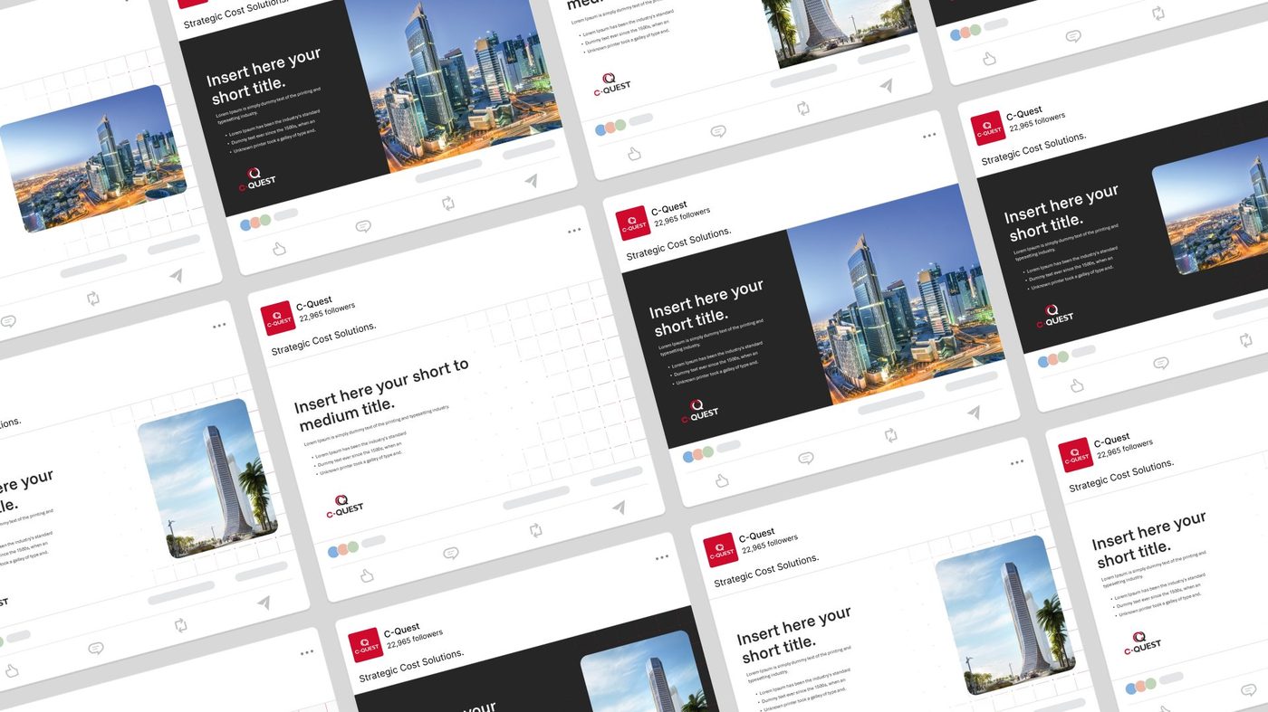 C-Quest LinkedIn feed isometric view with Doha skyline posts