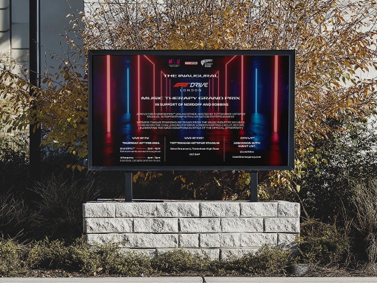 F1 Drive Music Therapy Grand Prix on a digital billboard