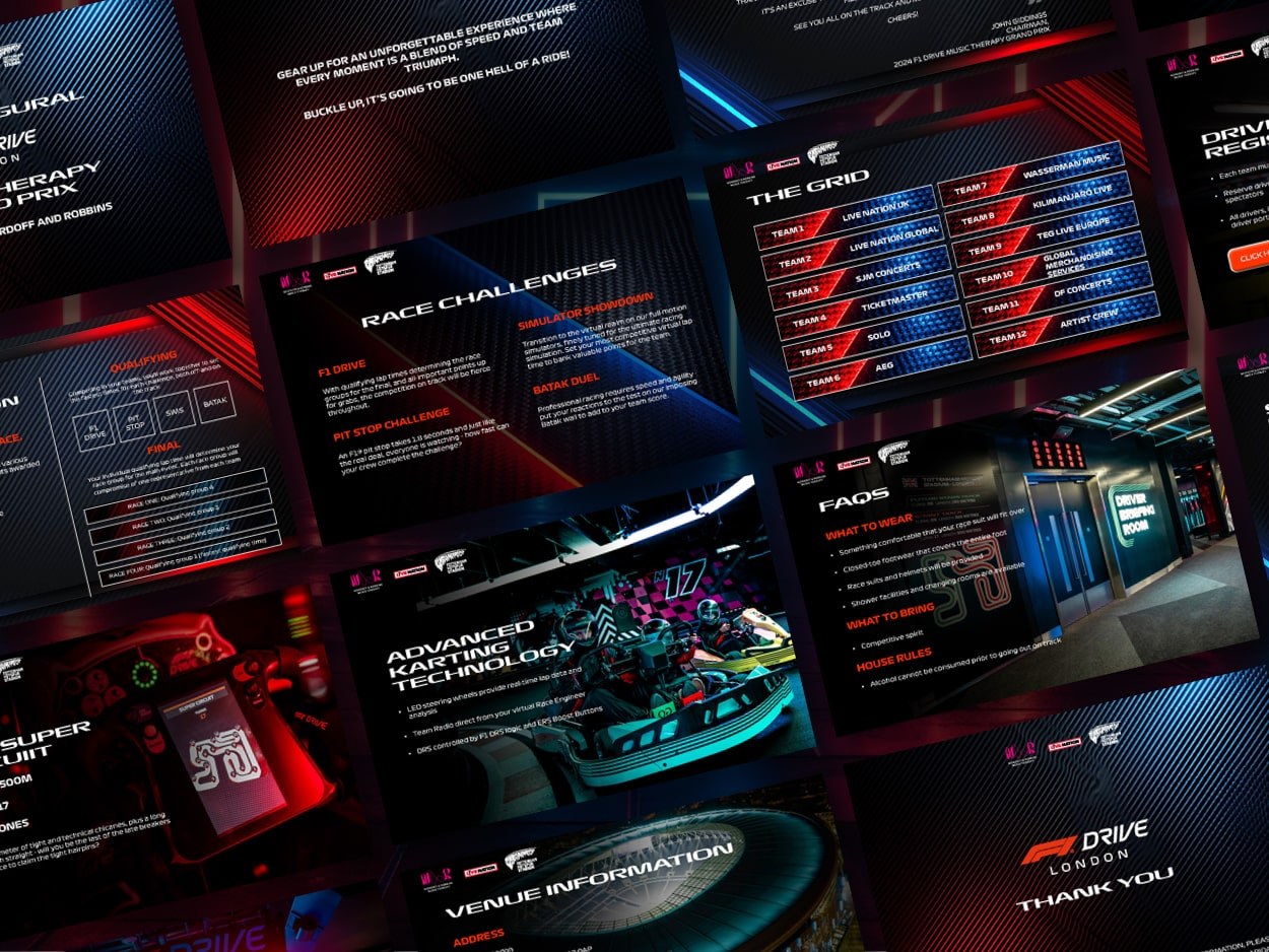 The F1 Drive Music Therapy Grand Prix event deck: team grid, race challenges, karting technology, venue information and run of show