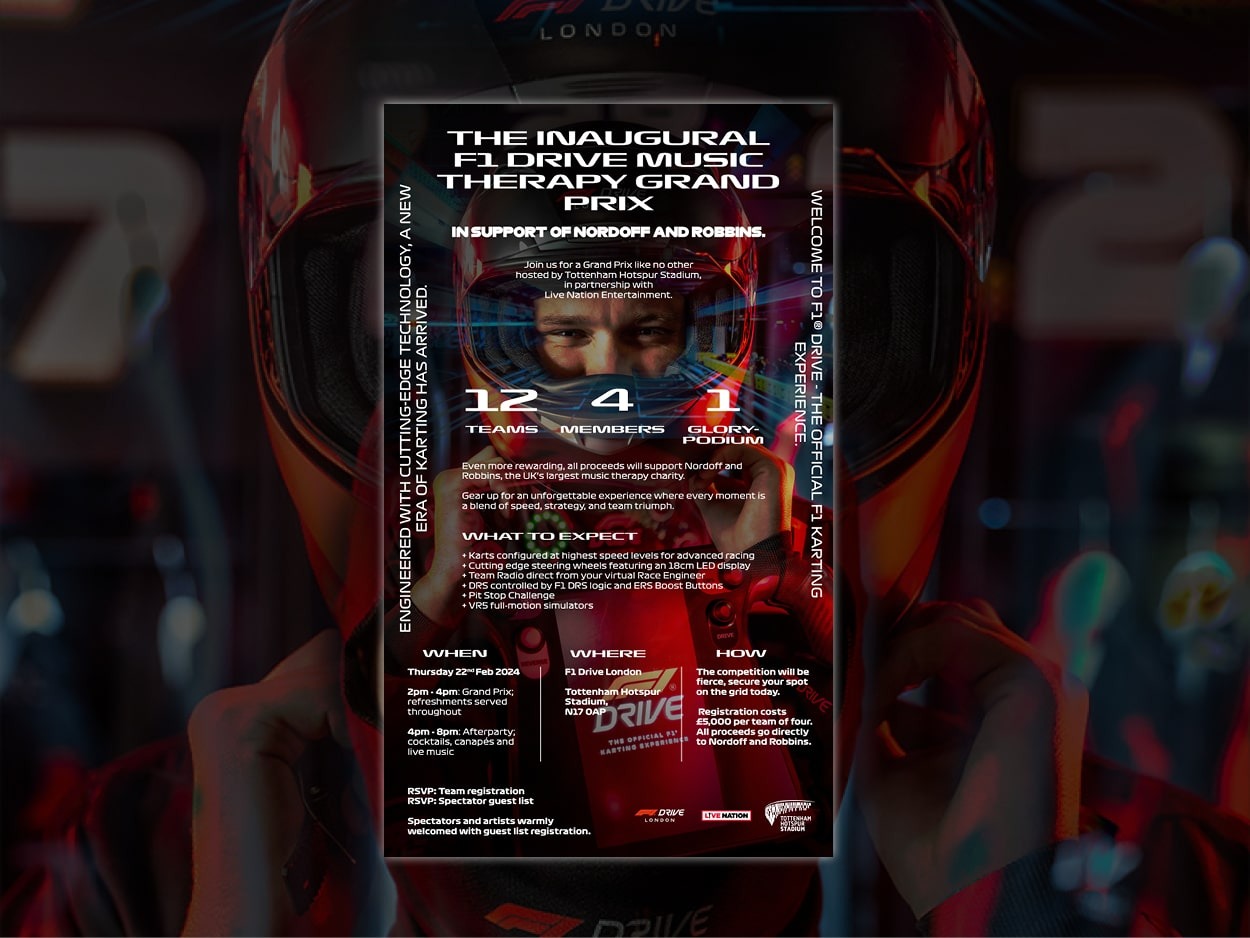 The inaugural F1 Drive Music Therapy Grand Prix poster