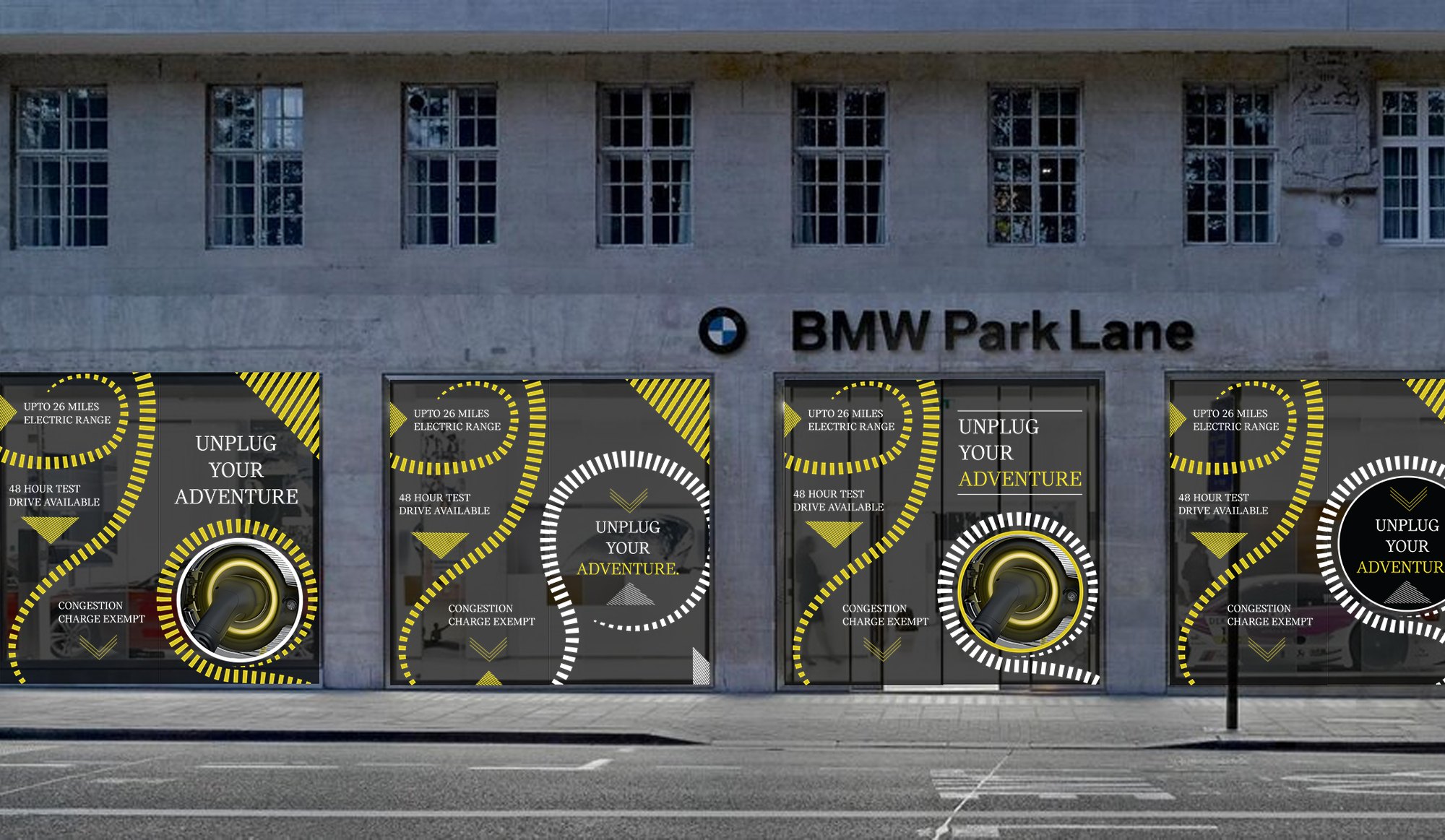 Unplug Your Adventure window display across the BMW Park Lane frontage
